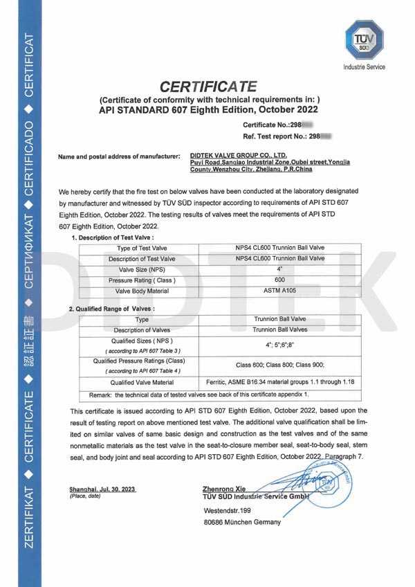 API Standard 607 Eighth Edition Certificate Of NPS4 CL600 A105 Trunnion Ball Valve